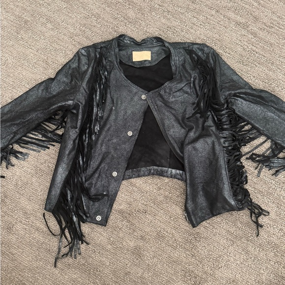 Cleobella Charcoal Leather Jacket with Fringe - Picture 1 of 4